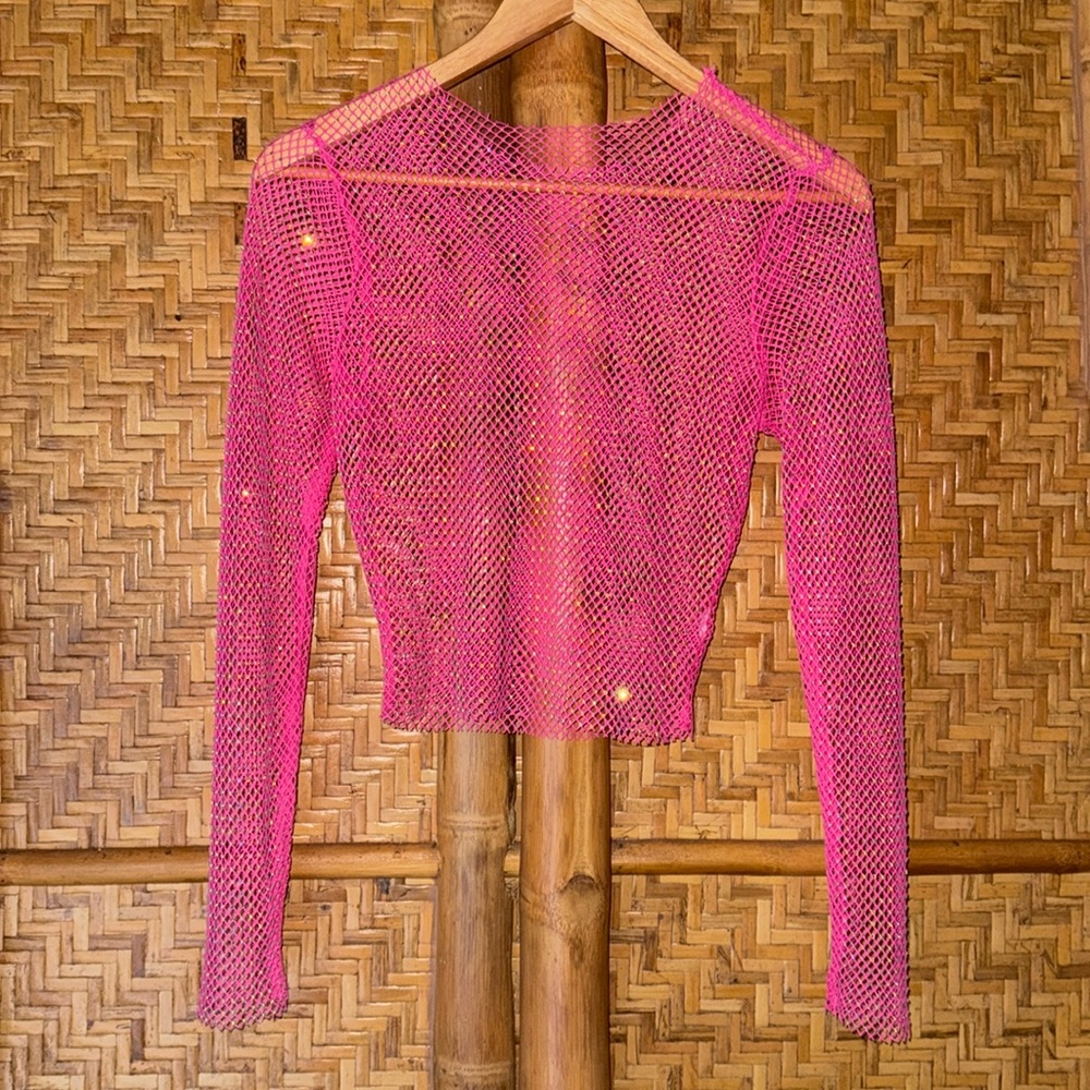 Pink rhinestone mesh sparkle long sleeve top